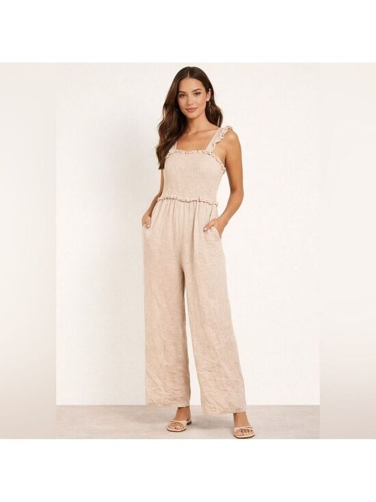 Pants - StyleCheat Cream Linen Blend Sleeveless Jumpsuit Wide Leg Ruched Bodice Beach 6
